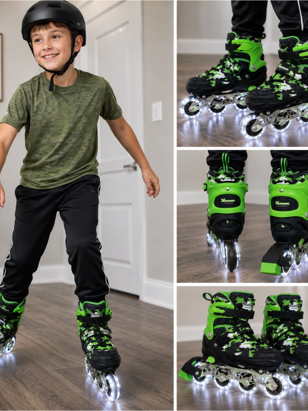 Kuxuan Adjustable Inline Stakes Light up Wheels Green Camo Rollerblades